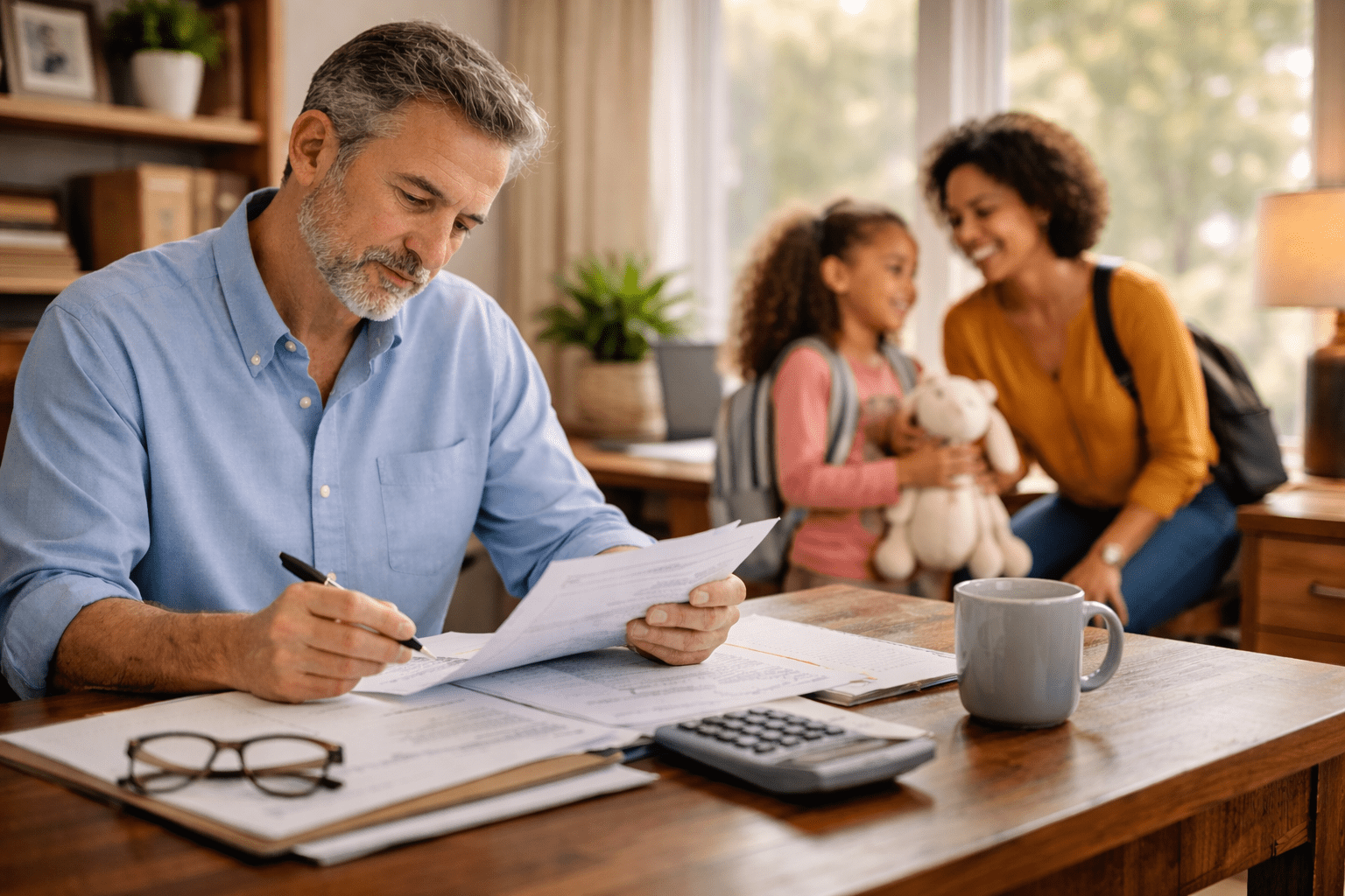 Business owner working while employee and child interact in a warm office setting