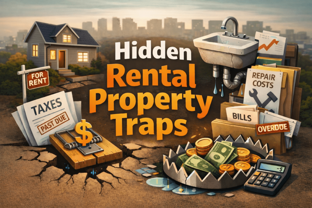Rental house with for rent sign surrounded by overdue tax notices, repair bills, and financial traps illustrating the hidden costs of owning rental property.