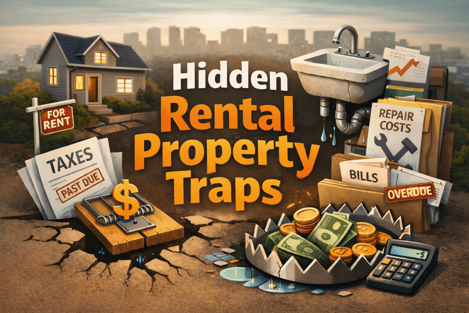 Rental house with for rent sign surrounded by overdue tax notices, repair bills, and financial traps illustrating the hidden costs of owning rental property.