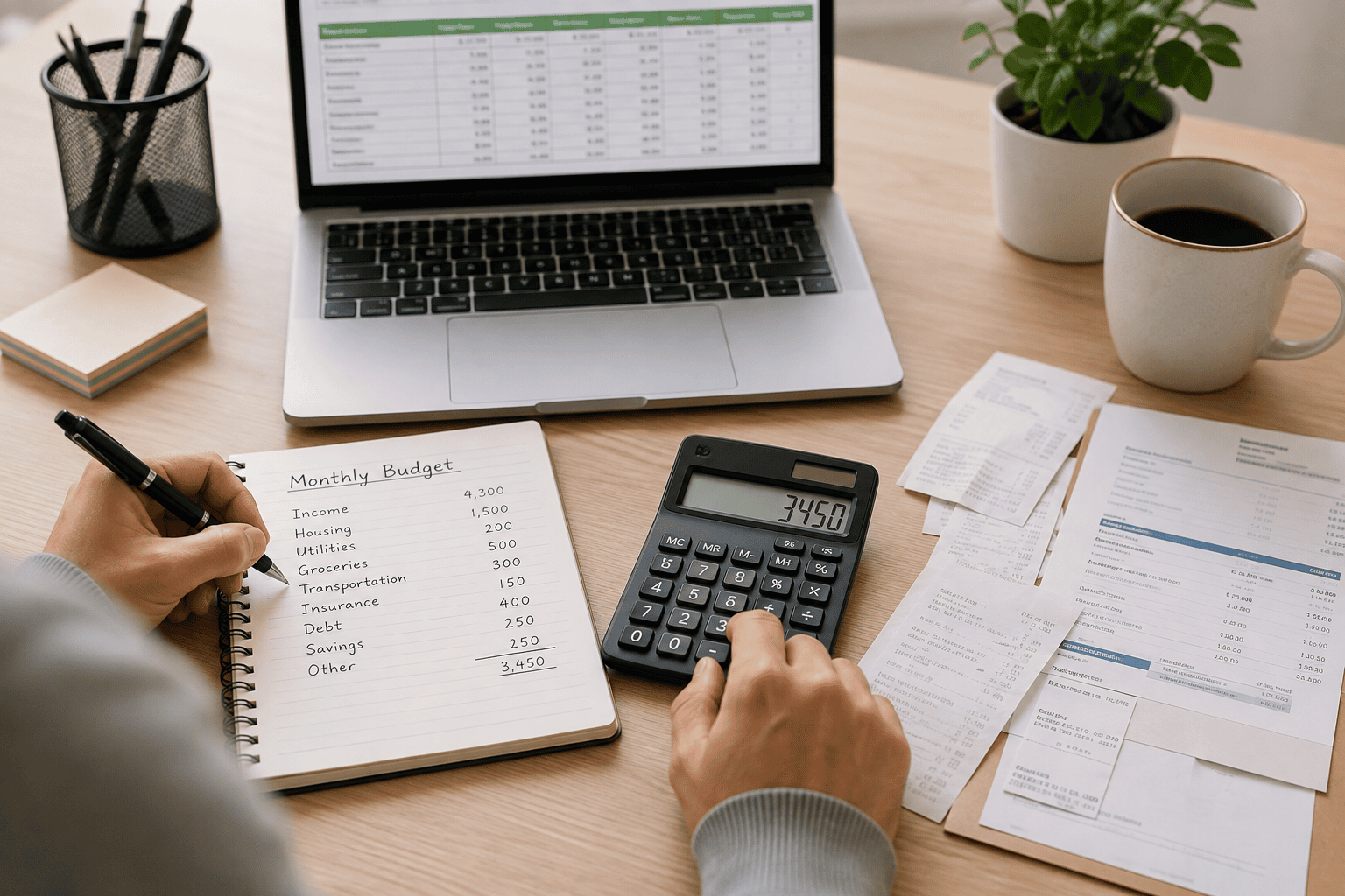 Preparing a monthly personal budget using a calculator, bills, receipts and spreadsheet