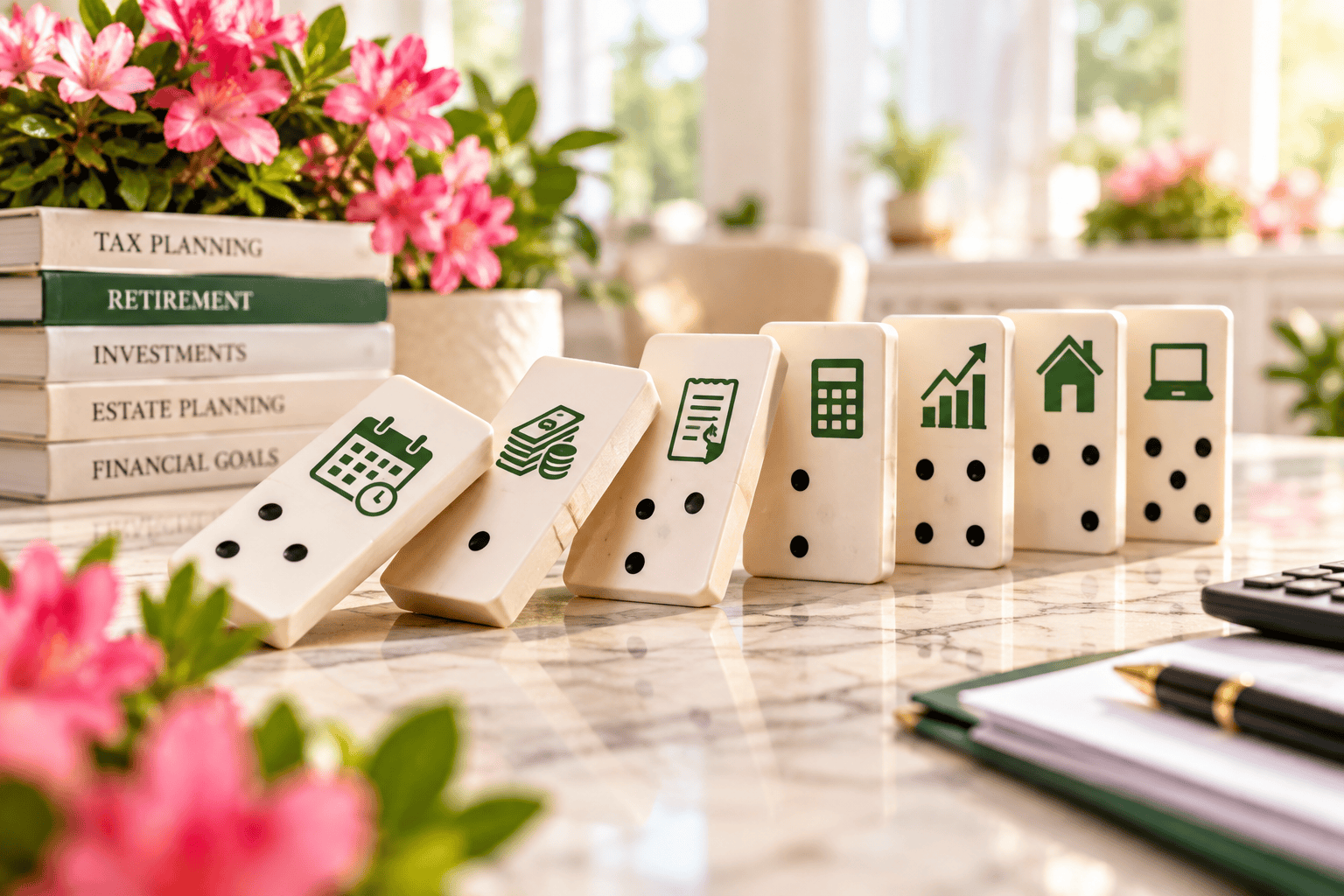 Tax planning calendar, calculator and financial records representing common tax planning mistakes